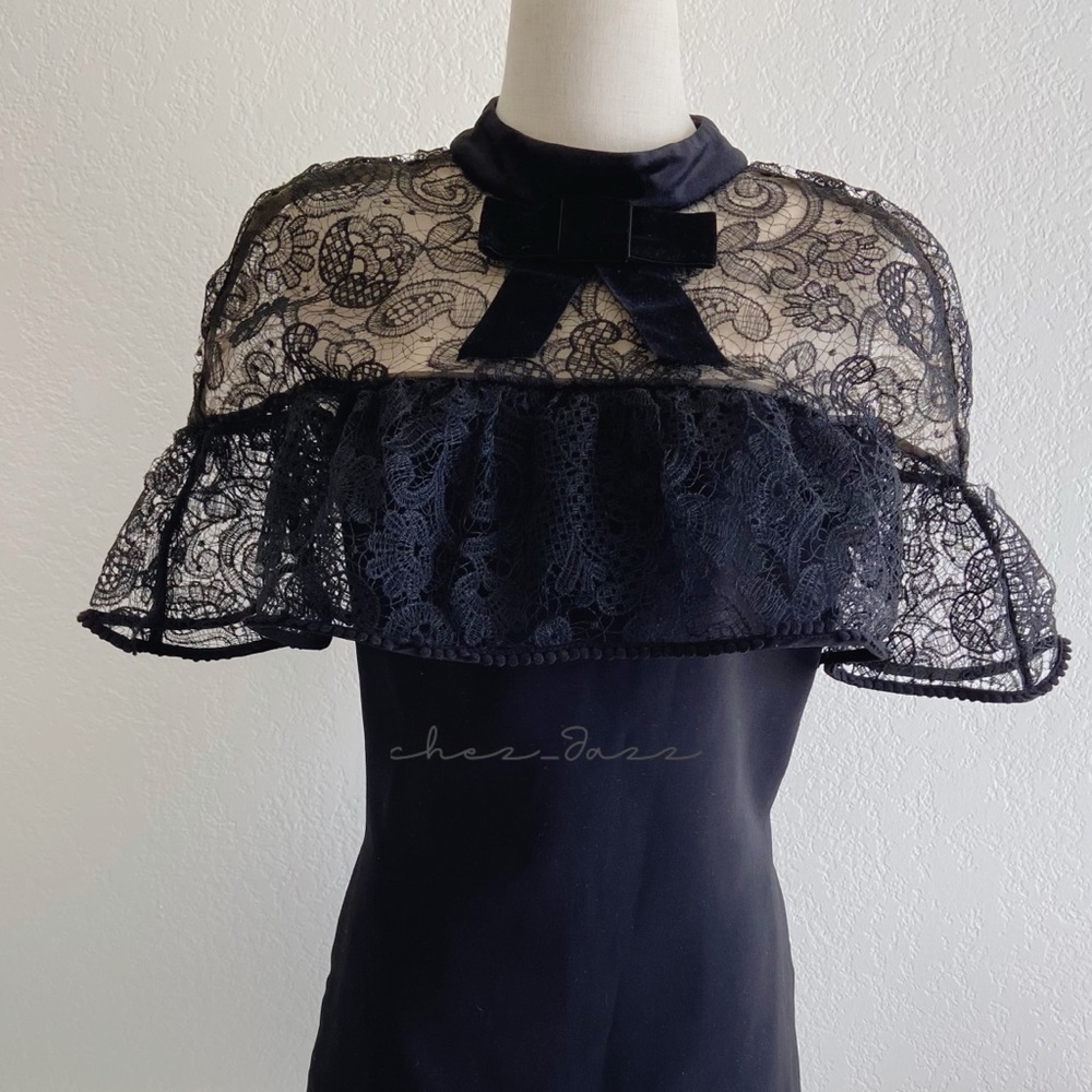 Self Portrait Lace Overlay Mini Dress With Velvet Bow - Black, Size 2, Pre-Owned